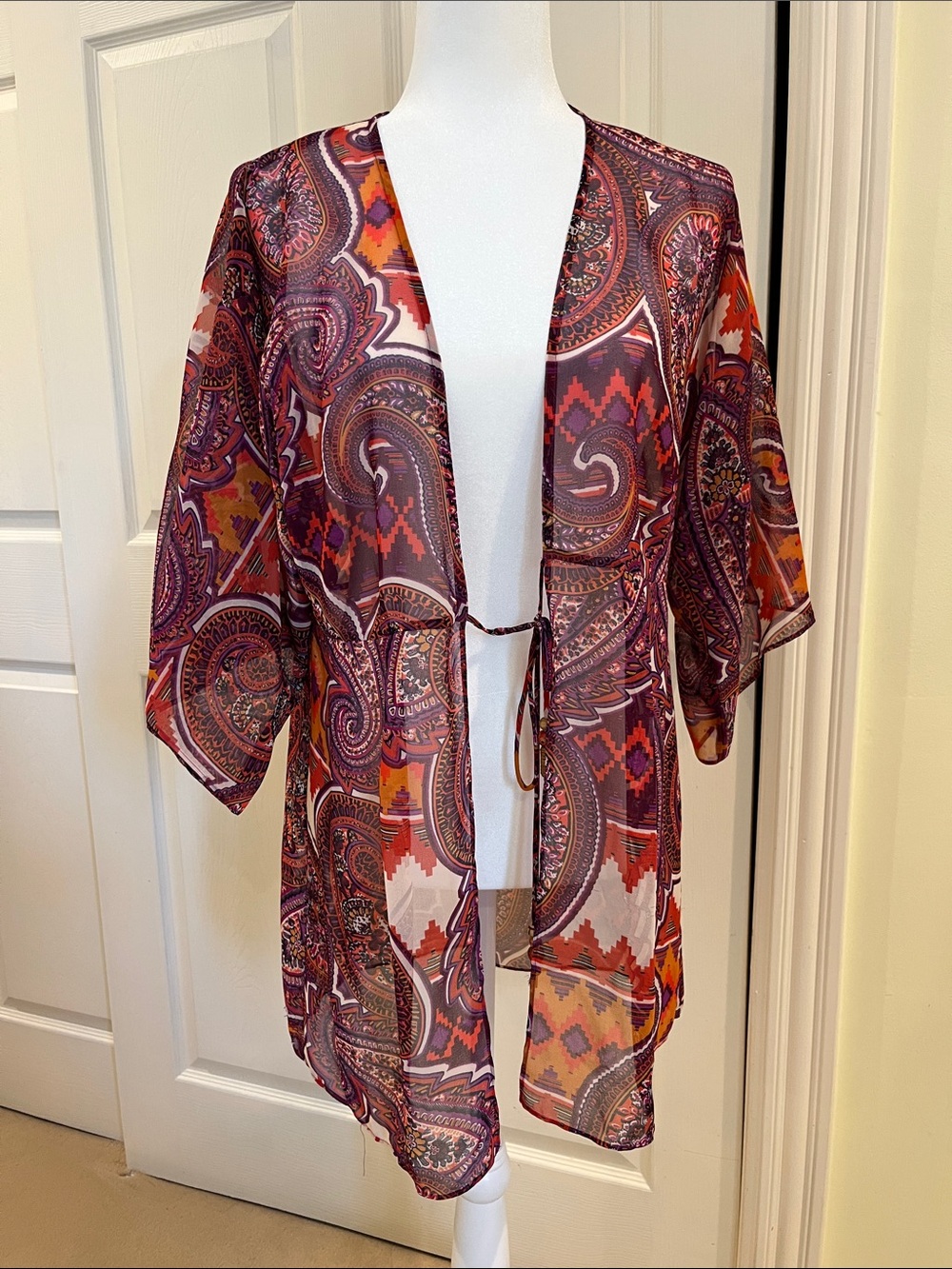 CAbi Multi-Color Paisley Tie-Front Kimono Top
